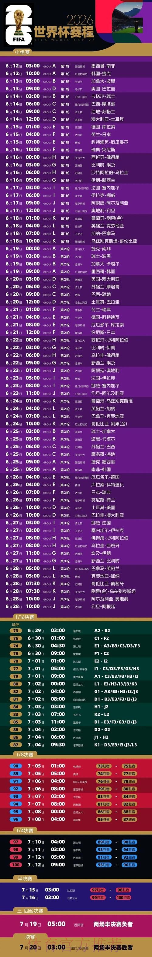 2026世界杯赛程时间及详细比赛安排